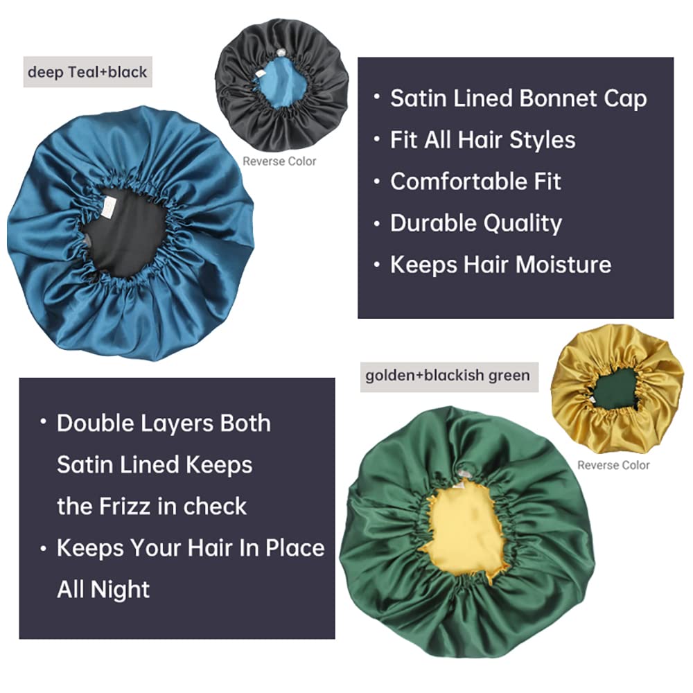 Hanbertti 2pcs of Satin Sleep Bonnet with Adjustable Buckle, Double Layer Silk Bonnets, Reusable Bath Hair Cap for Night Sleeping and Make up (Deep