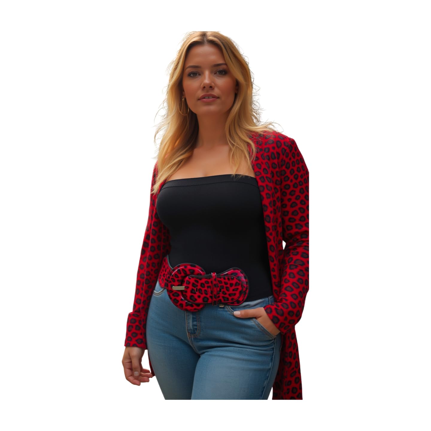 Women Hip Hop Fashion Elastic Belt Red Animal Print Leopard Cheetah M L