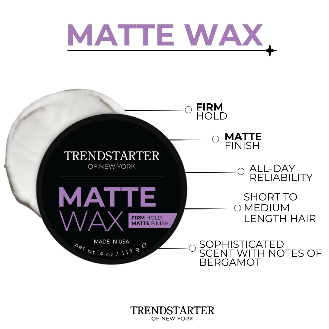TRENDSTARTER - MATTE WAX (4oz) - Firm Hold - Matte Finish - Water Based All-Day Hold Hair Styling Pomade - Flake-Free Styling Wax for All Hair Types