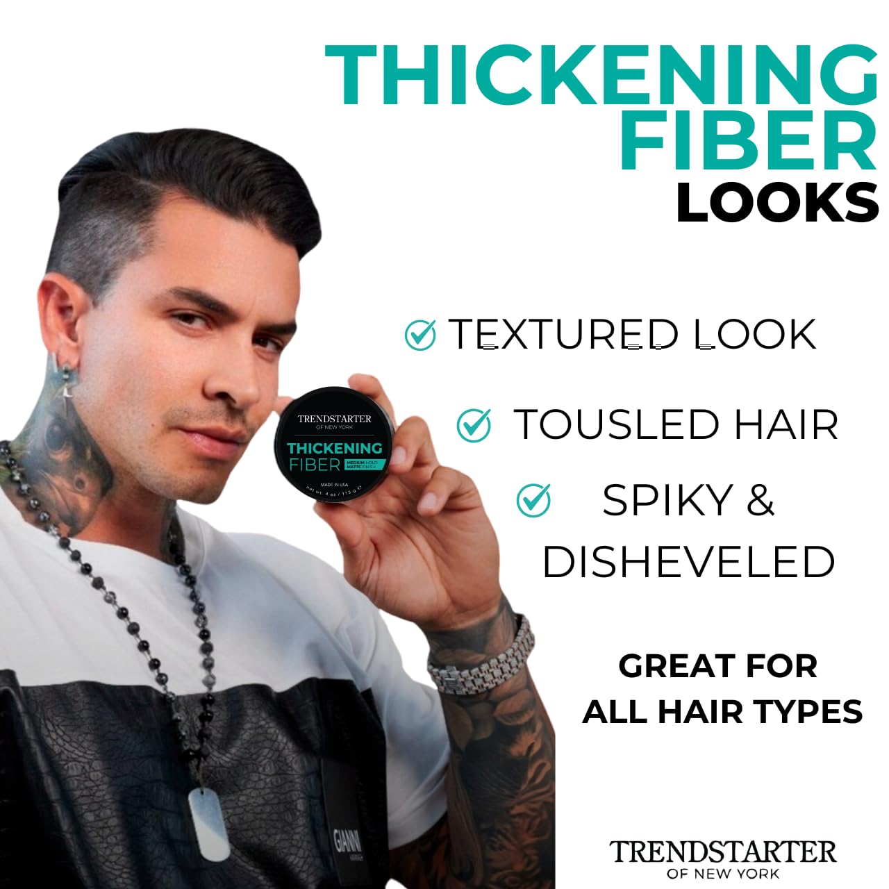 TRENDSTARTER - THICKENING FIBER (4oz) - Medium Hold - Matte Finish - Premium Hair Thickening Clay Pomade - Water-Based - All-Day Hold Styling Product