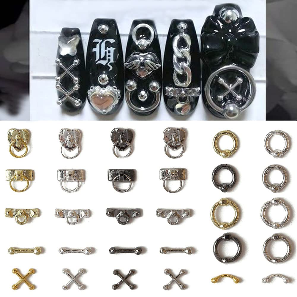 Dornail 30pcs Vintage Punk Alloy Nail Charms 3D Cross Nail Charm Hollow Hanging Rings Latch Metal Nail Art Charms for Nails Jewelry Gothic Design Nail