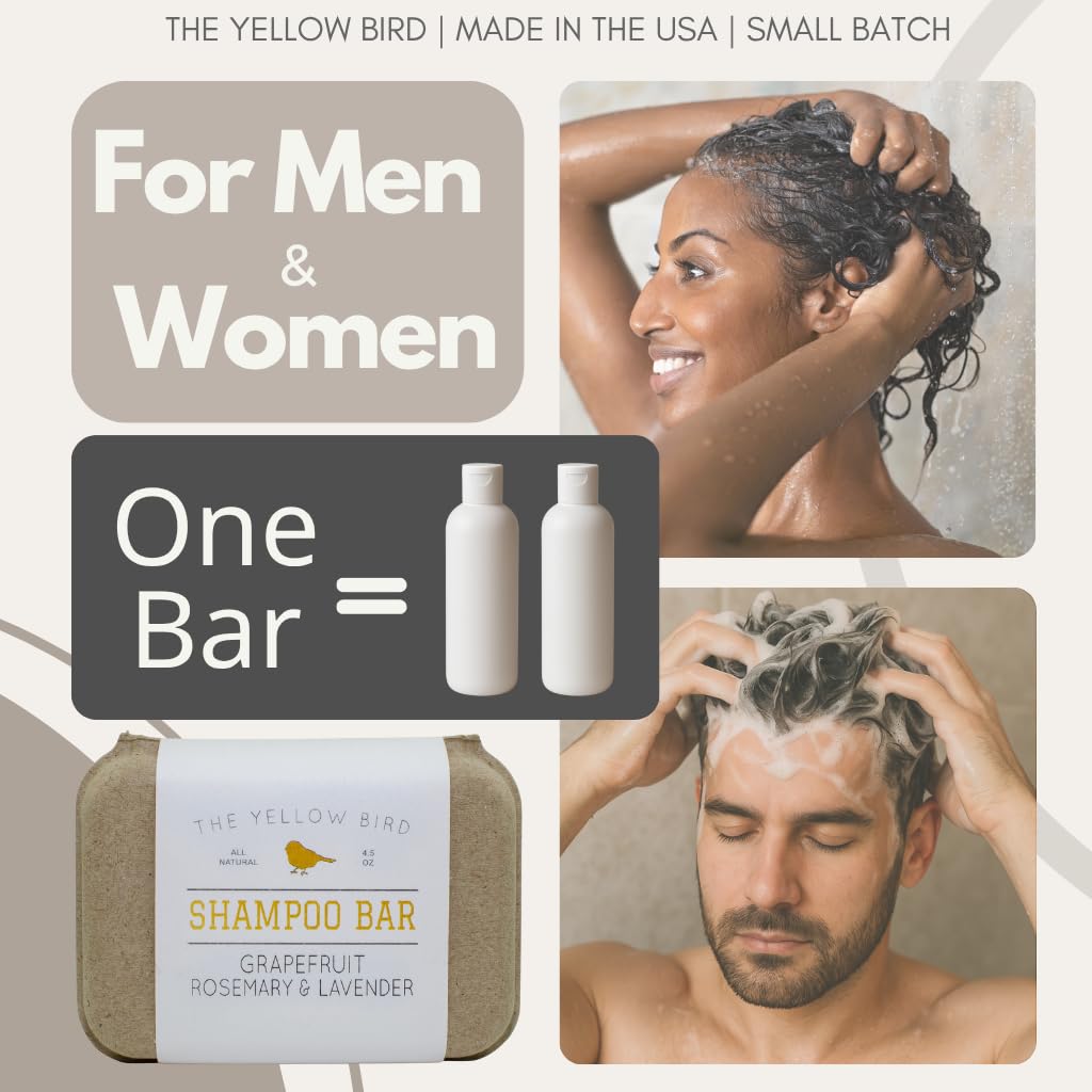 The Yellow Bird Solid Bar Shampoo Soap. Grapefruit, Rosemary, and Lavender. Mild Natural and Organic Ingredients. Sulfate Free. Gentle Scalp + Hair
