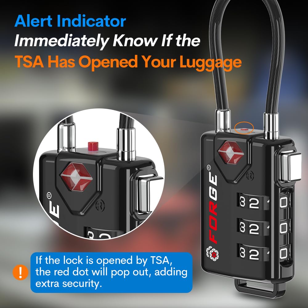 TSA Approved Cable Luggage Locks – 2 Pack Black Resettable Combination Travel Locks with Durable Alloy Body