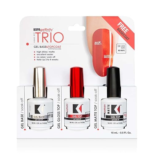 KUPA Gelfinity Base Coat & Glossy Top Coat & Matte Top Coat Trio Set, No-Wipe, Long-Lasting Soak-Off Formula, Chip-Resistant, UV/LED Gel Polish, 0.5 Beauty & Personal Care KUPA