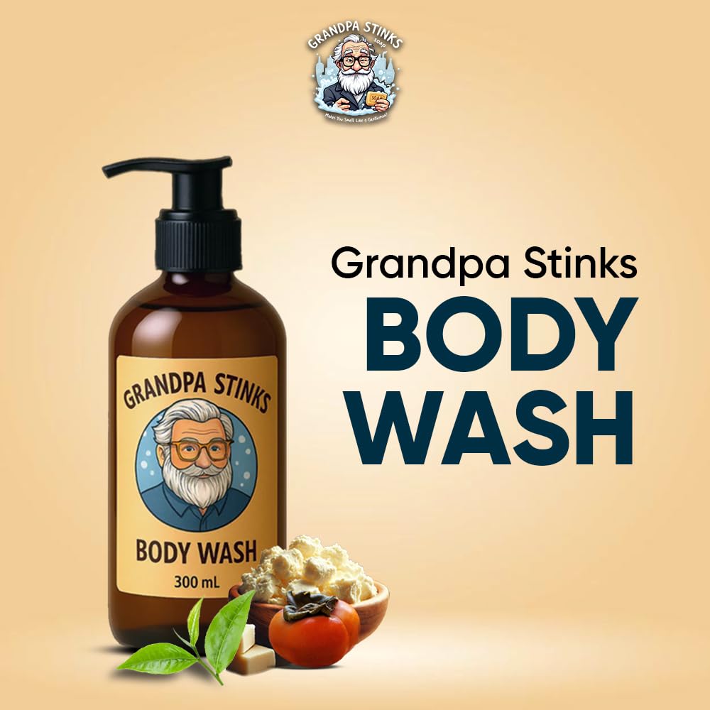 Grandpa Stinks® Body Wash - Persimmon & Green Tea Deodorizing Cleanser - Natural Odor Eliminator for Men - Hydrating Daily Shower Gel with Shea Butter