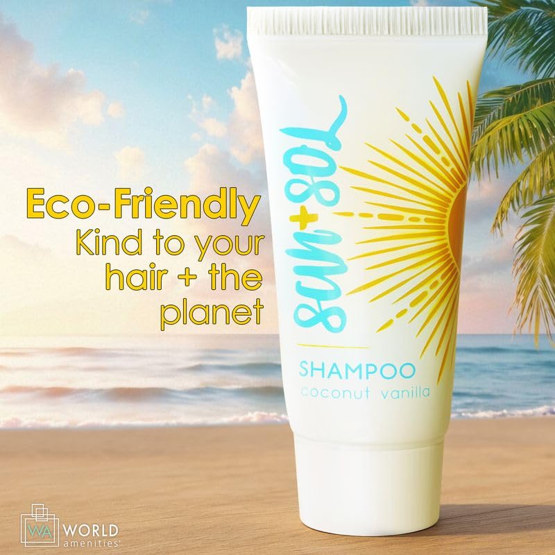 World Amenities - Sun + Sol Bulk Cleansing Shampoo with Warm Coconut & Vanilla Fragrances, Travel Size Toiletries, Mini Hotel Amenities, 0.7 Oz, 50