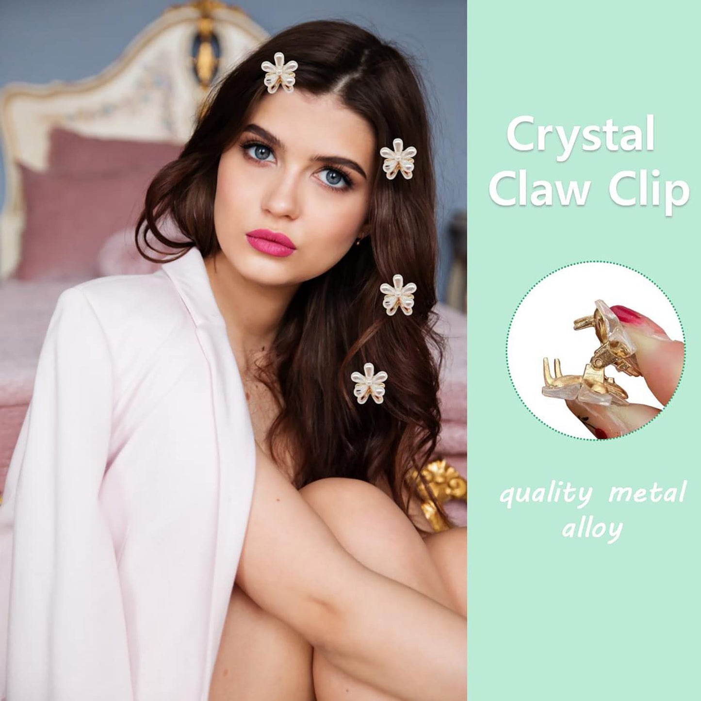 Doromy 16Pcs Small Faux Pearl Hair Claw Clips with Mini Crystal Floral Accents - Sweet Artificial Barrettes for Women and Girls Hair Clips