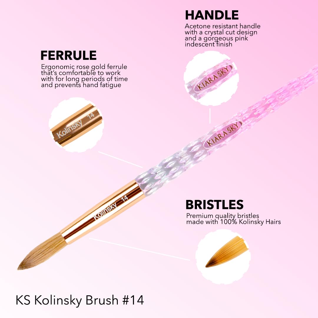 Kiara Sky Kolinsky Acrylic Nail Brush #14 - Pure Kolinsky Sable Hair, Pink Crystal Handle, Acetone Resistant, for Acrylic Application, Extensions & 3D Beauty & Personal Care KIARA SKY