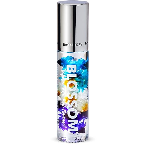 Blossom Roll on Lip Gloss, Scented Clear High Shine Moisturizing Lip Oil, Non Sticky, Infused with Real Flowers, Made in USA, 0.2oz, Raspberry