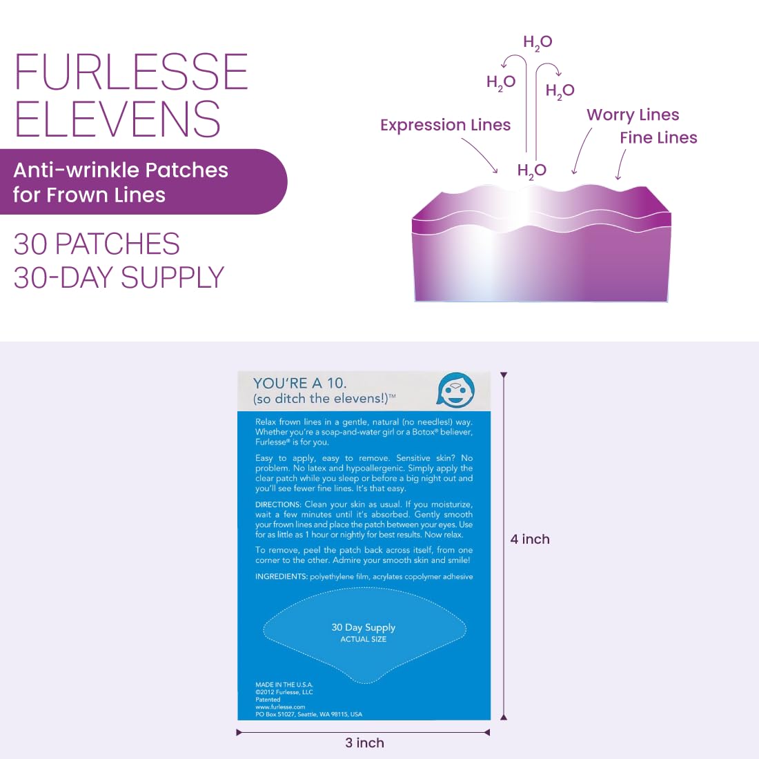 Furlesse Elevens Wrinkle Patches – 30 Non-Invasive Overnight Anti-Wrinkle Patches for Frown Lines, Anti-Aging Skincare, 30-Day Supply