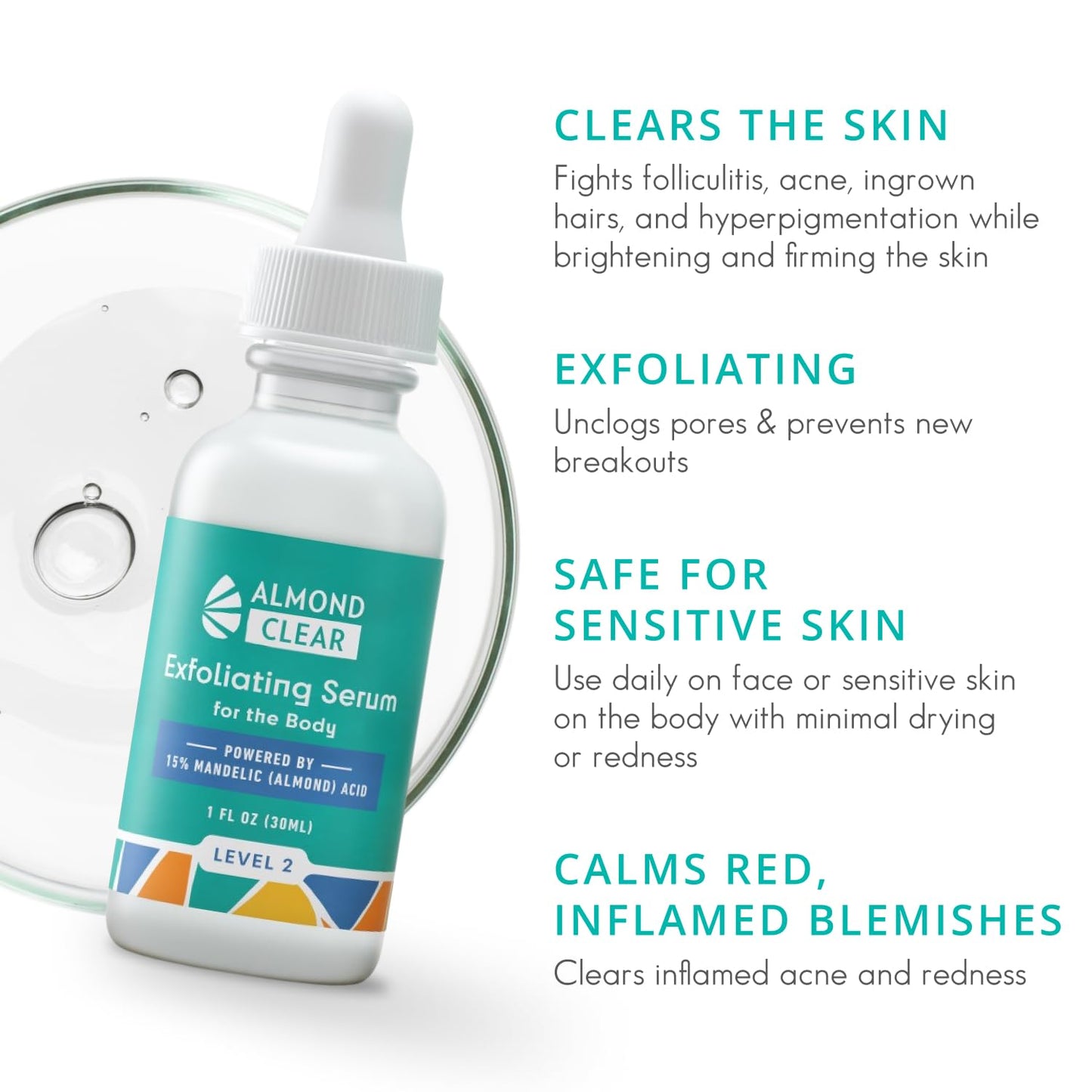 Almond Clear Level 2 Serum | Mandelic Acid Body Serum for Acne, Folliculitis, Aging Skin, Ingrown Hairs, Dark Spots on Face, Chest, Butt, Back