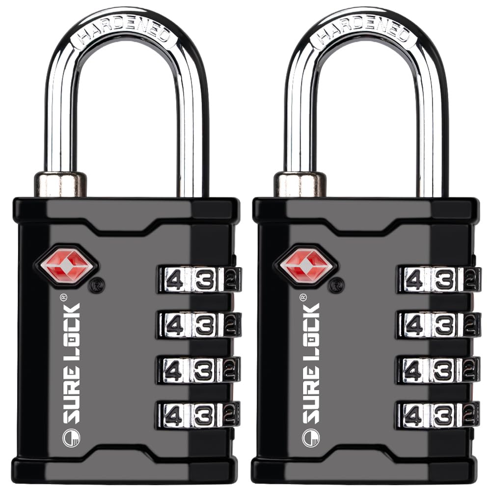 SURE LOCK TSA Accepted Heavy Duty Combination Padlocks 2 Pack – Travel Locks for Gun Cases, Equipment, Trade Shows, Music & Medical (Black)