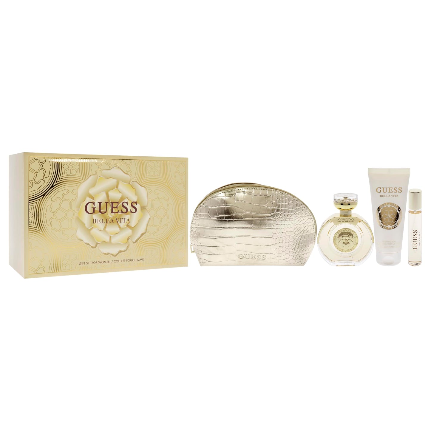 GUESS Bella Vita Eau de Parfum 4 Piece Gift Set For Women - Perfume Spray 3.4 Fl. Oz., Travel Spray 0.5 Fl. Oz., Body Lotion 3.4 Fl. Oz., & Pouch