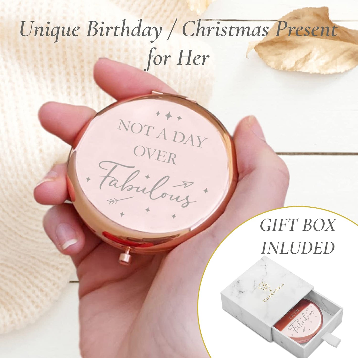 CV CHARVORIA Birthday Gifts for Women - Not a Day Over Fabulous Rose Gold Compact Mirror - Birthday Gift Ideas for Friend; Coworker, Aunt, Mom - All