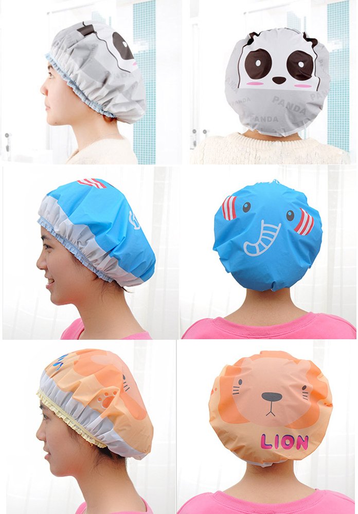 IXIAOPET Cute Cartoon Waterproof Elastic Shower Cap Bath Cap,Pack of 3 Pcs(Panda+Elephant+Lion)