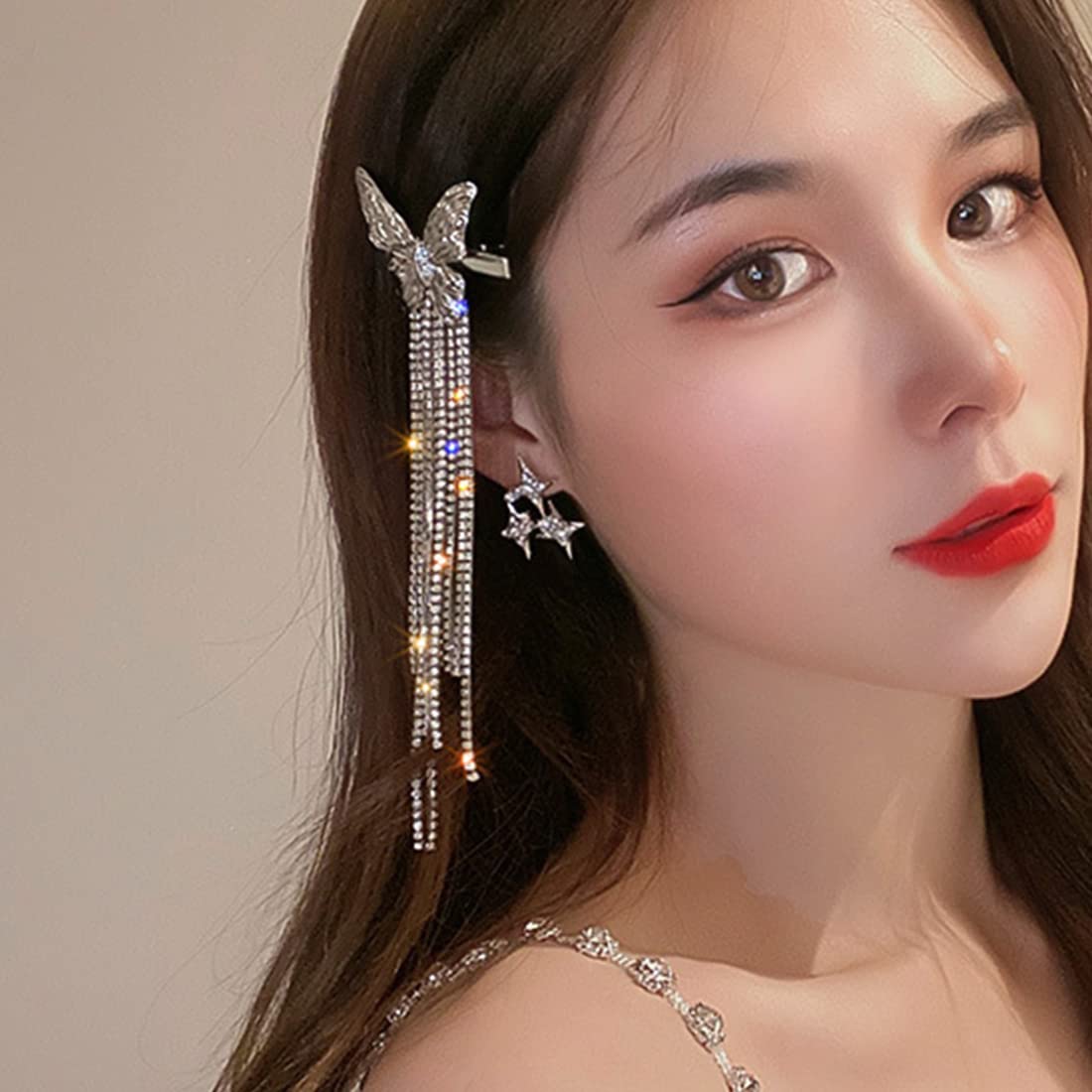 Wekicici Butterfly Rhinestone Tassel Clips Rhinestone Hair Clips Butterfly Tassel Hair Accessories for Women and Girls, silver