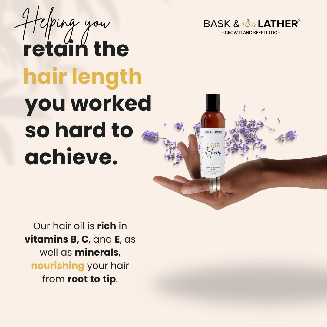 BASK & LATHER Elixir Hair Strengthening Oil, Jamaican Black Castor Oil, For Volume, Thickness, Detangle, De Frizz, Conditions New Hair Growth, 4 fl oz Beauty and Personal Care BASK & LATHER