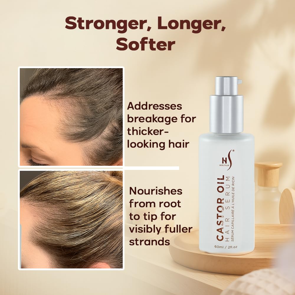 HerStyler Castor Oil Hair Serum for Hair Growth - Hair Shine Serum with Vitamin E - Hair Growth Serum - Hair Serum Heat Protectant - Vitamin E
