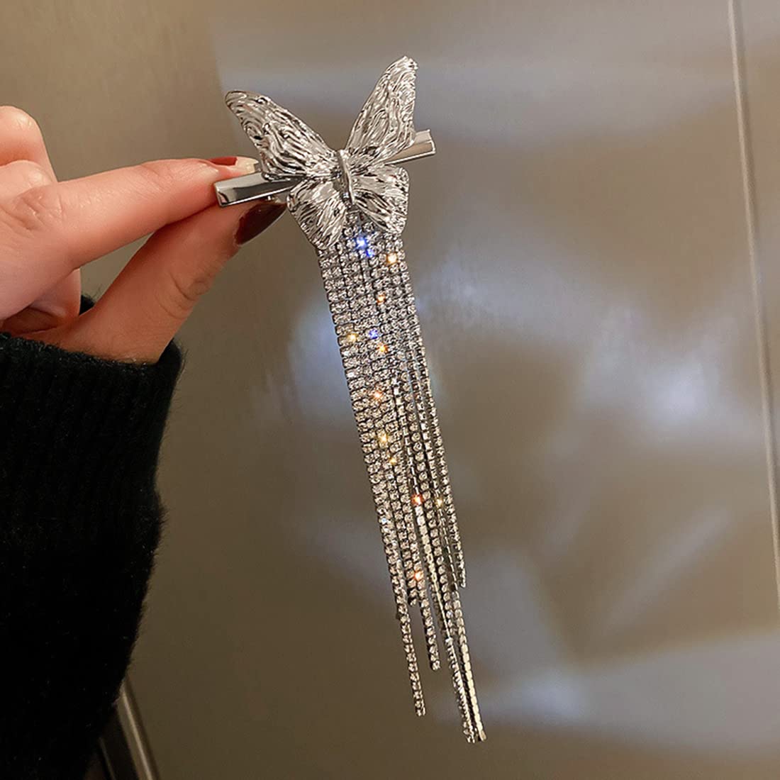 Wekicici Butterfly Rhinestone Tassel Clips Rhinestone Hair Clips Butterfly Tassel Hair Accessories for Women and Girls, silver