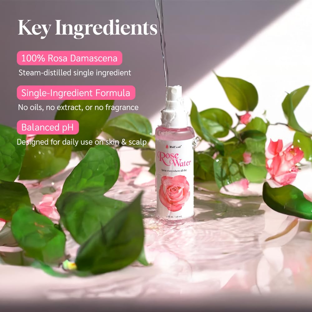 Well's Oil Rosewater Face & Hair Mist Spray (8 fl oz / 236 mL) | Floral Rosewater Hydrosol | Alcohol-Free