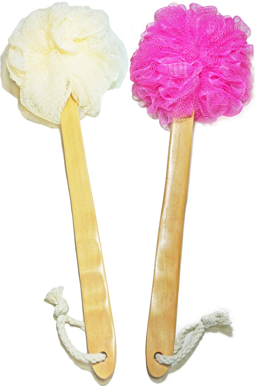 Shower Loofah Body & Back Scrubber - Exfoliating Loofah Bath Brush On a Stick - with Long Wooden Handle Back Brush for Men & Women - Easy Reach Body