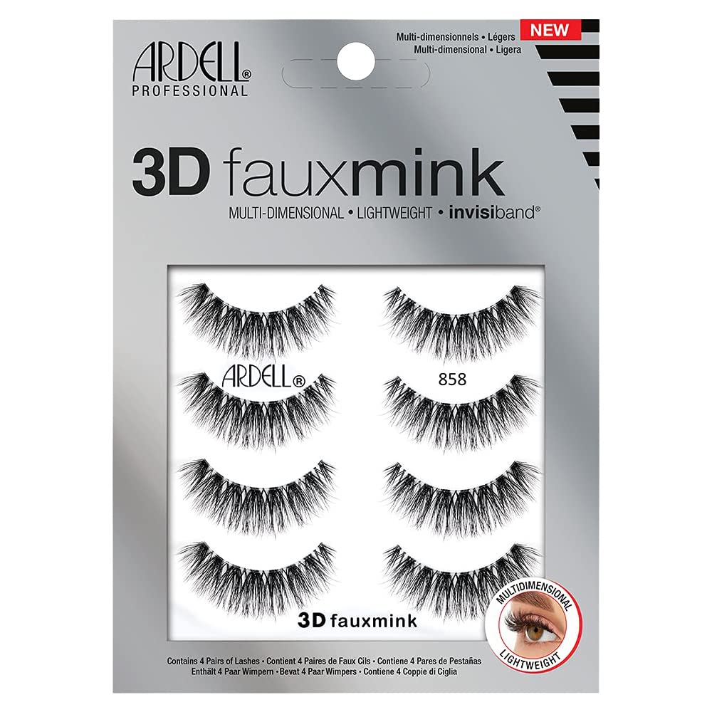 Ardell 3D Faux Mink Lashes 858 - Lightweight False Eyelashes with Invisiband, Reusable Strip Lashes, 4 Pairs