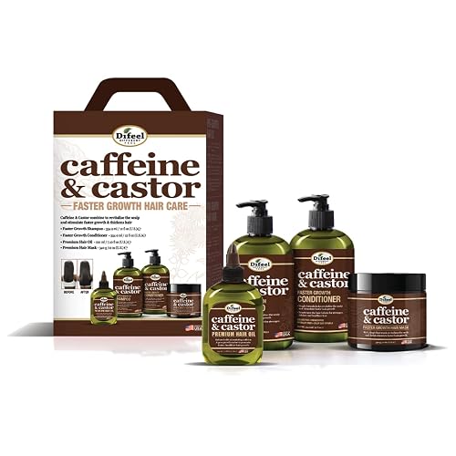 Difeel 4-PC Caffeine & Castor Faster Growth Shampoo & Conditioner Hair Care Gift Set - Includes 12oz Shampoo, 12oz Conditioner, 12oz Hair Mask & 7.1oz