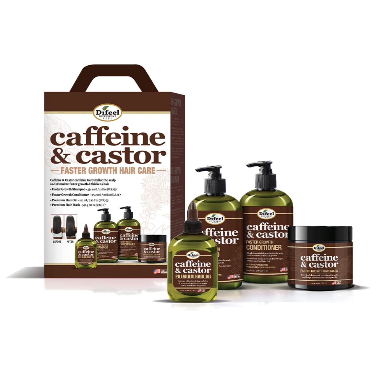 Difeel 4-PC Caffeine & Castor Faster Growth Shampoo & Conditioner Hair Care Gift Set - Includes 12oz Shampoo, 12oz Conditioner, 12oz Hair Mask & 7.1oz