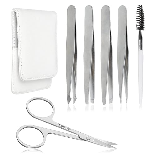 Precision Eyebrow Tweezers Set Pack of 6 for Women Ingrown Facial Hair Removal Pointed Tweezers Scissors Brush Kit for Splinter with Leather Case Gift
