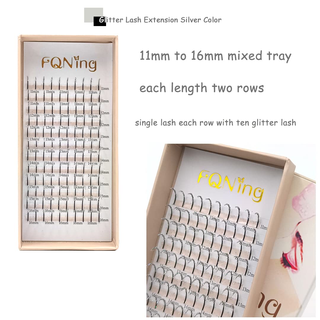 FQNing Glitter Lash Extensions Individual Silver Color Sparkly Single Lash Spike Eyelash Extension for Daily Party Wedding 11mm-16mm (Silver)