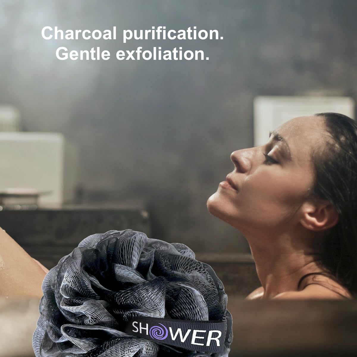 SHOWER BOUQUET Loofah-Charcoal Back-Scrubber & Bath-Sponge Set // 1 Long-Handle-Back-Brush Plus 2 Extra Large 75g Soft Mesh Loofa-Lufa-Loufa Puff