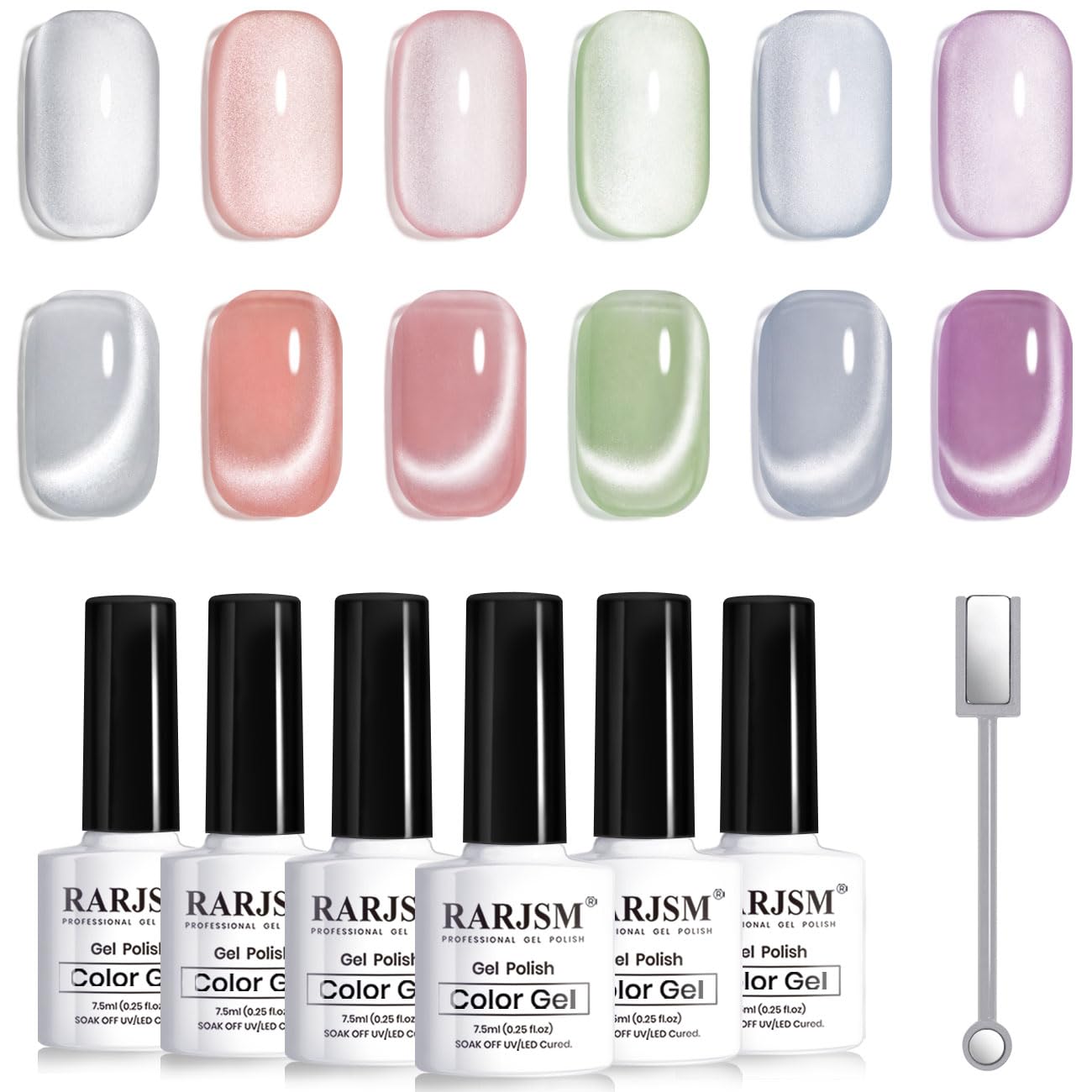 RARJSM Moonlight Cat Eye Gel Nail Polish Set 6 Pcs Smoothie Ceramic Glitter Shimmer Grape Purple Silver White Blue Green Pink Velvet Mirror Cateye Gel Beauty and Personal Care RARJSM Default Title
