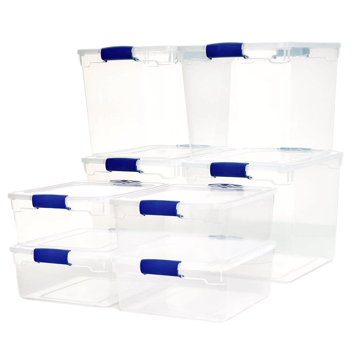 HOMZ Secure Latch, Clear Plastic Storage Organizer Bins, 31 Quart (4-Pack) & 15.5 Quart (4-Pack), Blue Latches - Stackable Organizing Containers…
