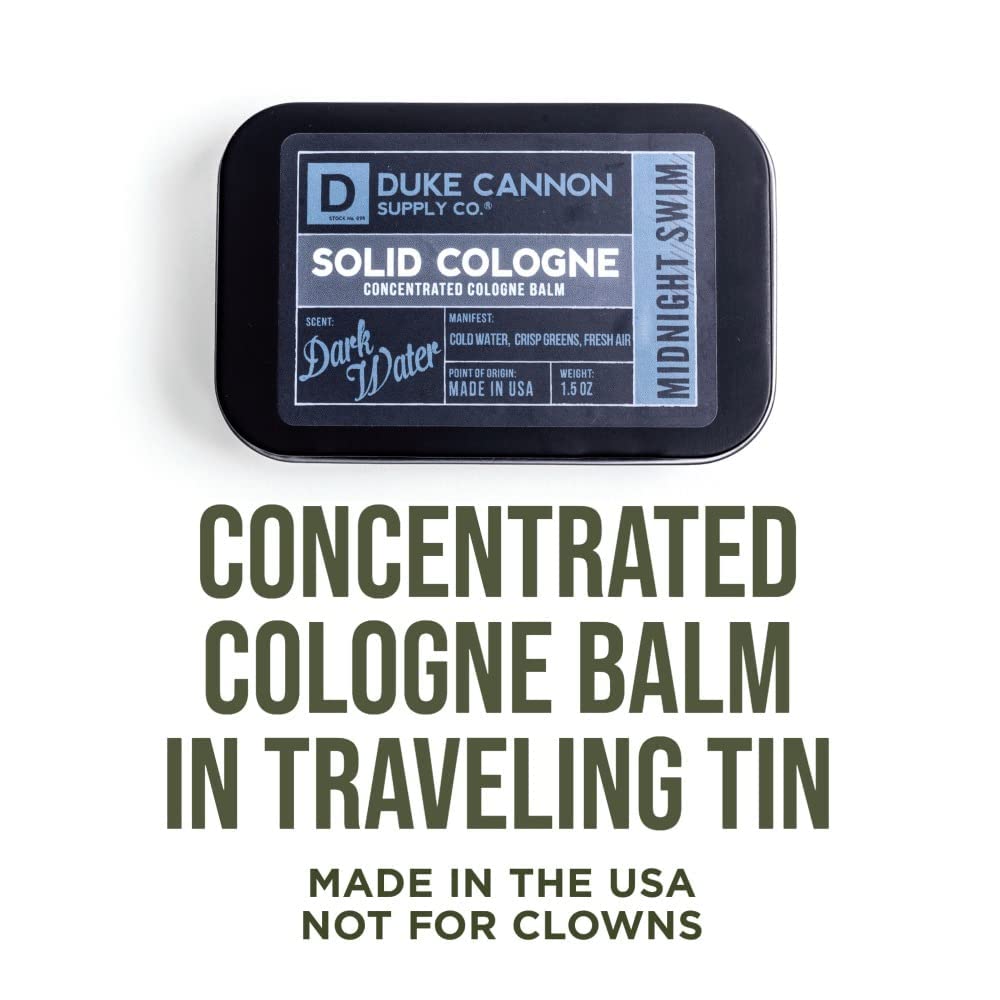 Duke Cannon Supply Co. Solid Cologne for Men Midnight Swim - Cold Water, Crisp Greens, Fresh Air - Concentrated Balm, Coconut Oil, Travel-Friendly