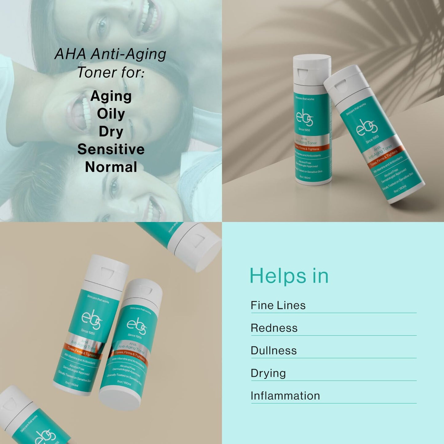 eb5 Aha Anti-Aging Facial Toner with Vitamins and Antioxidants, Tones, Firms & Tightens, Alchohol-Free, Clinically Tested on Sensitive Skin (6 fl oz)