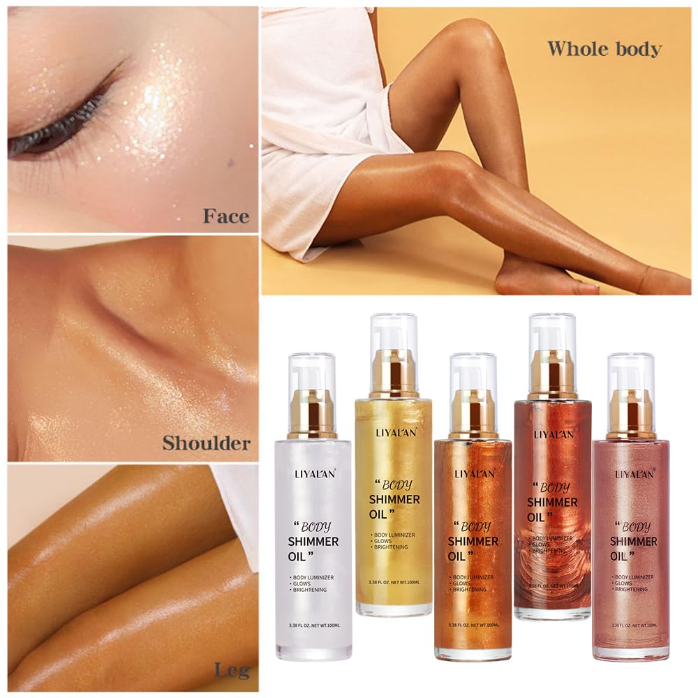 Liyalan Shimmer Body Oil Bronze Gold 5 Color Bronze 3.38 Fl Oz Face Glow Pearl Highlighter Illuminator body Makeup Shine Glitter Gold Liquid Taning Beauty and Personal Care LIYALAN