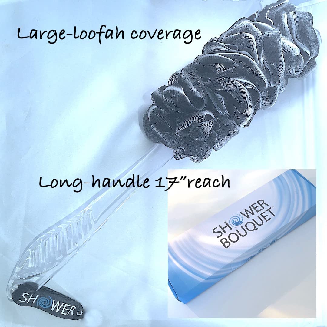 SHOWER BOUQUET Loofah-Charcoal Back-Scrubber & Bath-Sponge Set // 1 Long-Handle-Back-Brush Plus 2 Extra Large 75g Soft Mesh Loofa-Lufa-Loufa Puff
