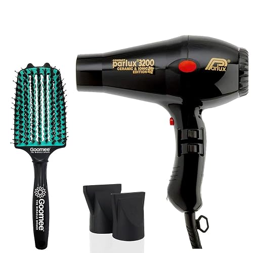 Parlux 3200 Compact Ceramic and Ionic Black Hair Dryer and Miracle Large Detangling Brush Mint Green Nylon Boar Bristles