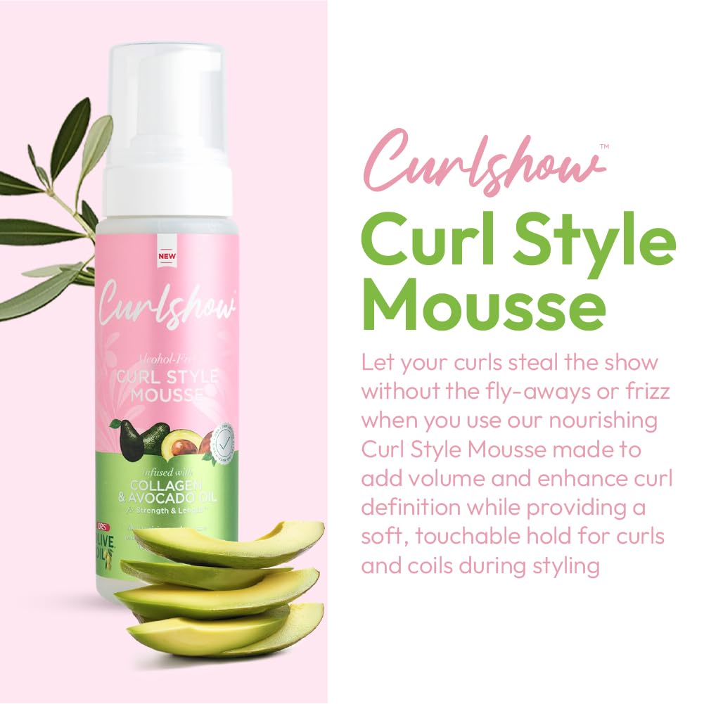 ORS Olive Oil Curlshow Curl Style Mousse Infused with Collagen & Avocado Oil for Strength & Length, Alcohol Free (7.0 oz)