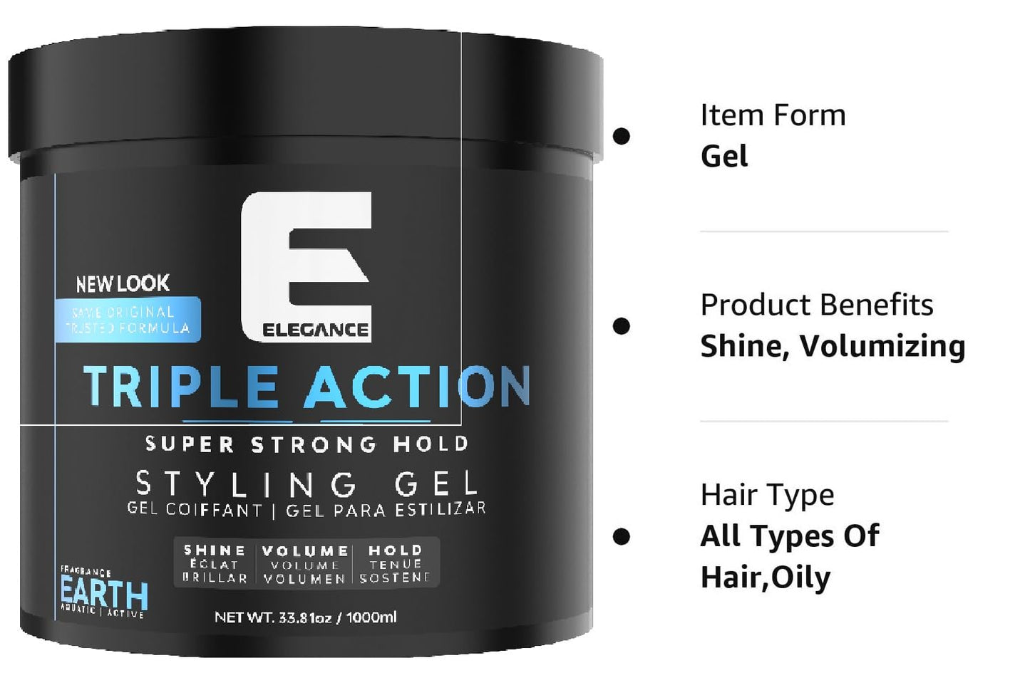 E Elegance Earth Fragrance Triple Action Hair Gel for Men And Women - Super Strong Hold, Extreme Volume, And Long Lasting Shine - Flake Free