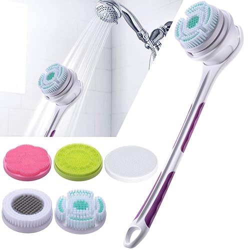 SoulBay Electric Body Brush with 5 Attachments: Rechargeable Back Brush IPX7 Long Handle Exfoliating Spin Scrubber for Shower Bathing Cleansing Wash