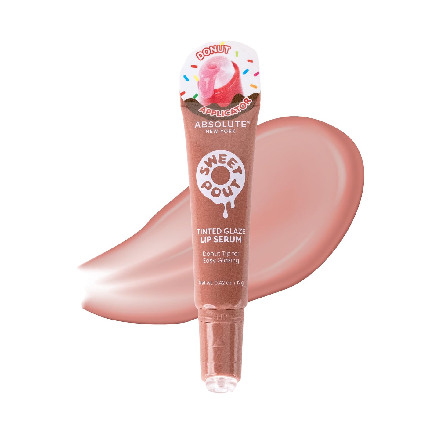 Absolute New York Sweet Pout Tinted Glaze Lip Serum, Donut Tip Applicator, Hydrating Formula with Peptides, Vitamin E and Jojoba Seed Oil (Maple