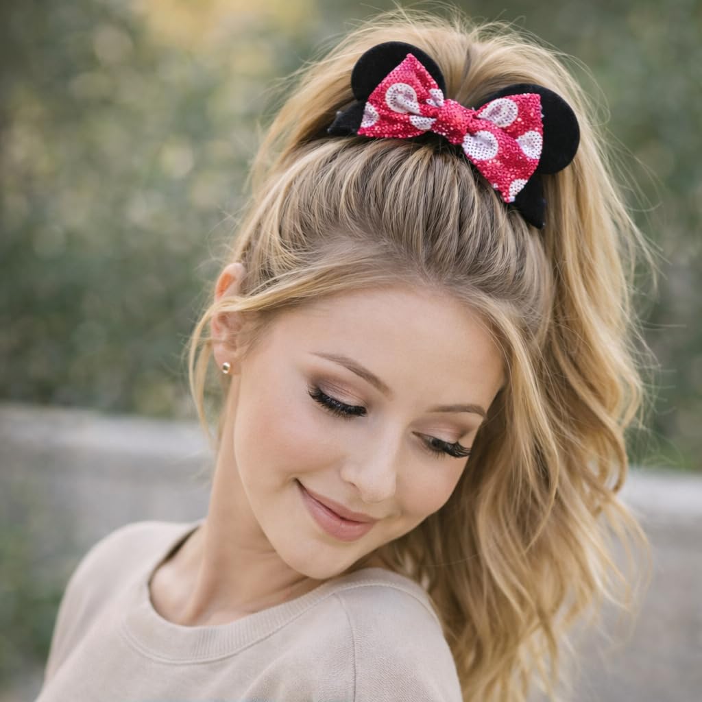 2 Pack Mouse Ear Scrunchies - Velvet Bow Hair Scrunchies with Sequin Ears - Cute Ponytail Holder Hair Accessories for Women by Styla Hair (Hot Pink) Beauty and Personal Care Styla Hair