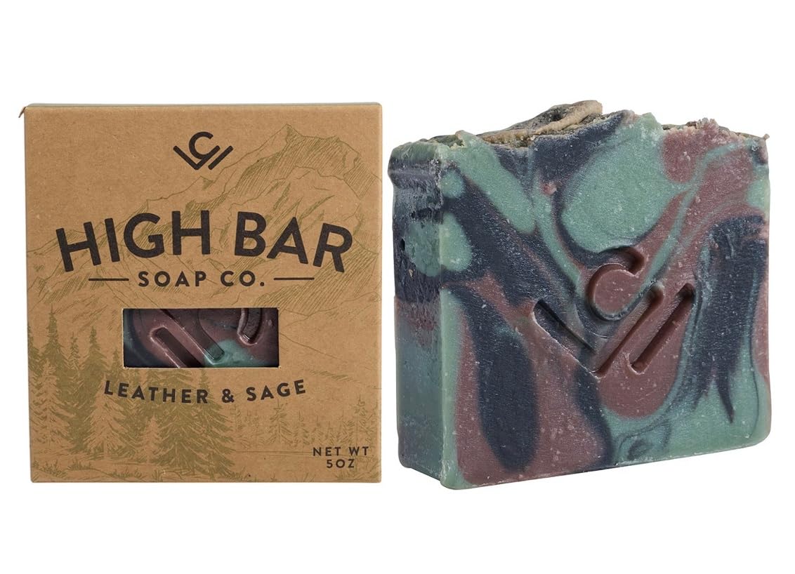 COLE WHEELER High Bar Soap for Men - Luxury Natural Exfoliating & Moisturizing, Vegan, Animal Fat Free, Unisex Body Soap, 5-Ounces, Leather & Sage