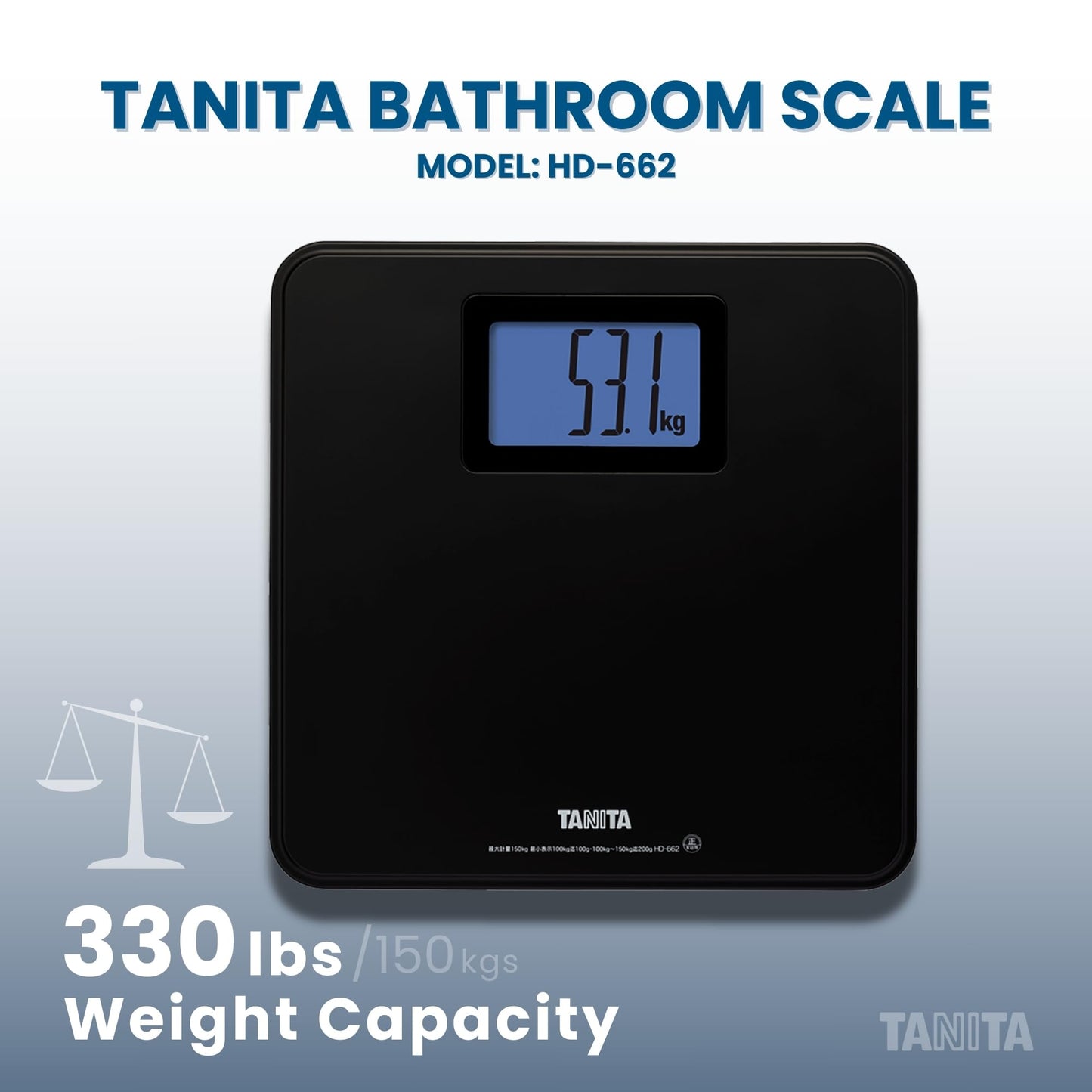 Tanita HD-662 Digital Weight Scale (Black) - Japan Technology Bathroom Scale with 330 lb Weight Capacity - 2" Blue Backlit Large LCD Display…