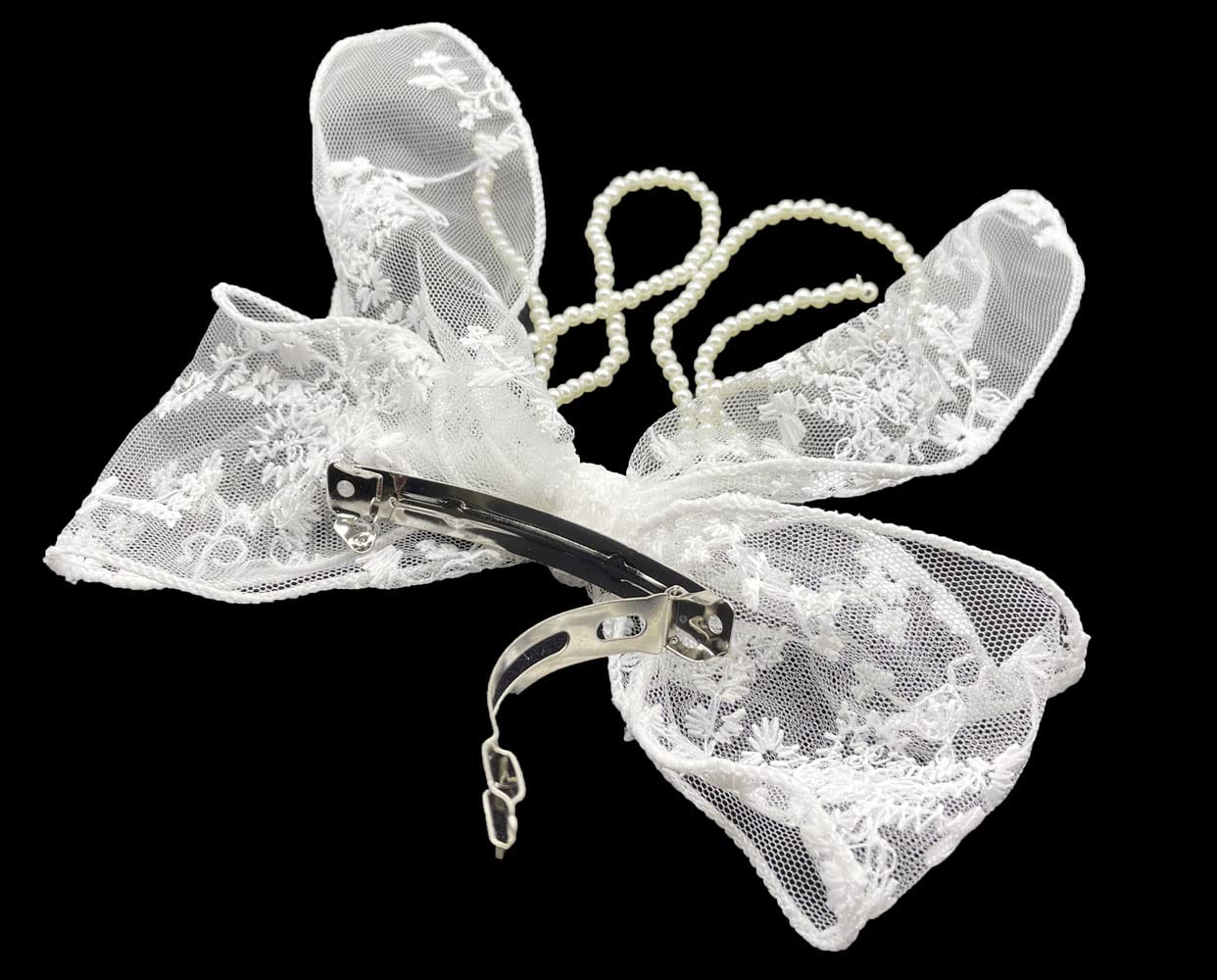 Sovenny 3 Pieces Lace Bow Pearl Chain Hair Clips Flower Embroidery Non Slip Hair Bow Barrettes for Women and Girls (White, Beige, Black)