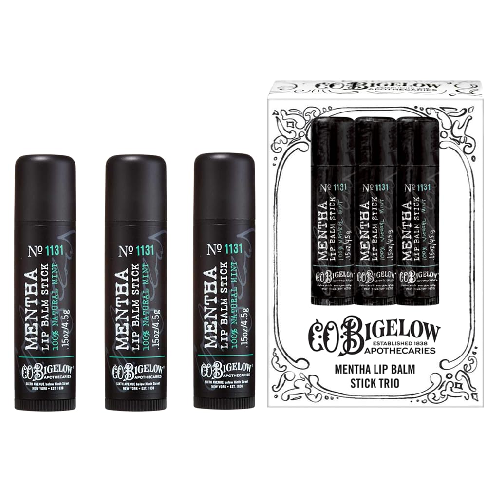 C.O. Bigelow Mentha Lip Balm Sticks, Pack of 3 Bulk Lip Balm Sticks with Shea Butter & Peppermint Oil, 0.15 oz