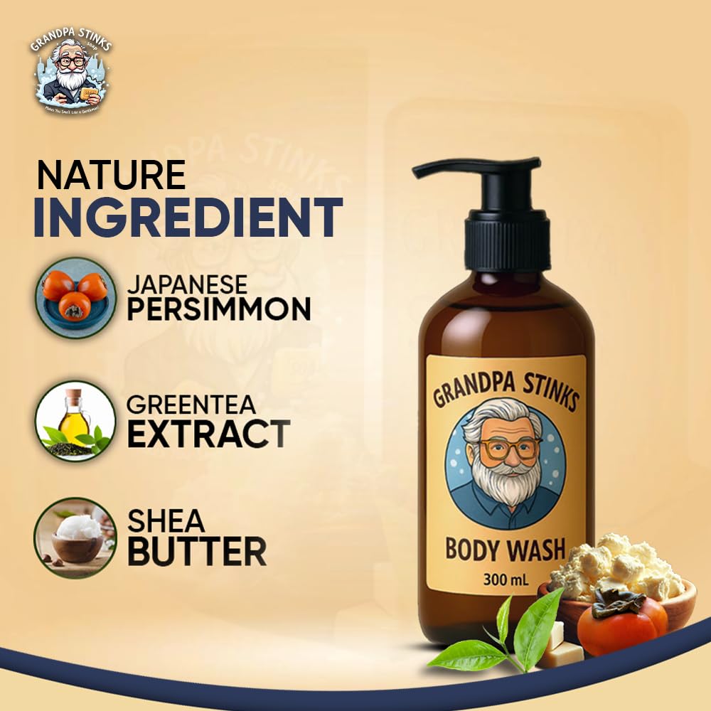 Grandpa Stinks® Body Wash - Persimmon & Green Tea Deodorizing Cleanser - Natural Odor Eliminator for Men - Hydrating Daily Shower Gel with Shea Butter
