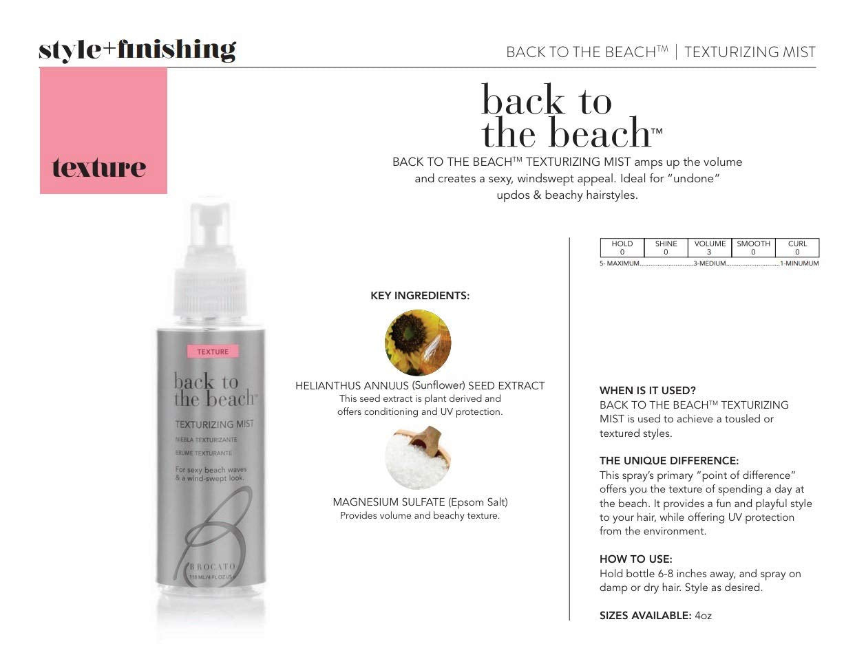 Brocato Back to the Beach Texturizing Mist, 4 Oz. | Texture & Volume Hair Styling Spray for Women | For Beach Waves & A Wind-Swept Look