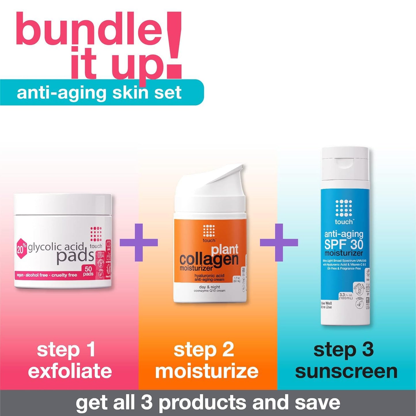 TOUCH 20% Glycolic Acid Pads Exfoliating And Resurfacing AHA Peel Face Wipes - Great for Dullness, Pores, Scars, Fine Wrinkles, Uneven Skin Tone